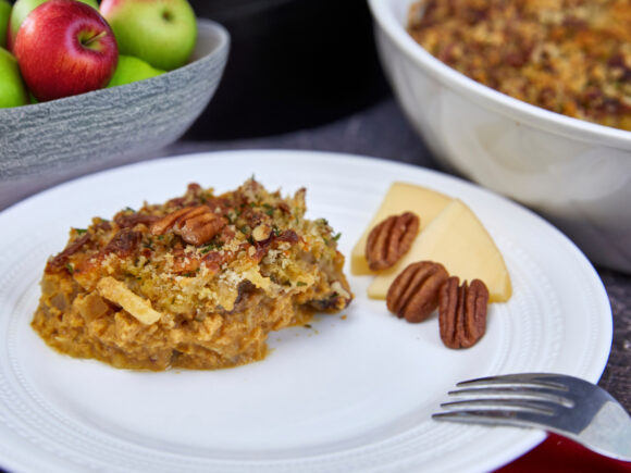 Harvest Pumpkin Apple Gratin with Gouda Pecan Panko Topping