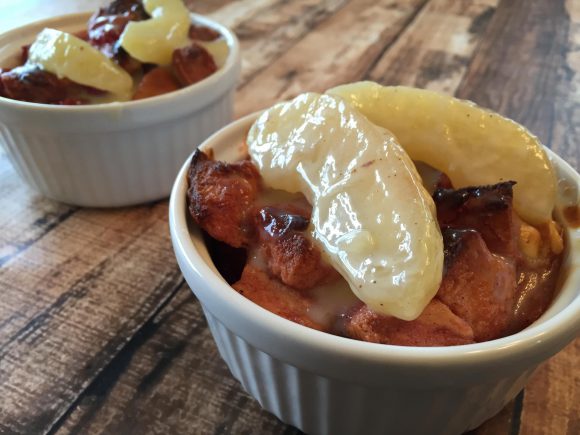Spiced Cherry Bread Pudding with White Chocolate Apple Compote