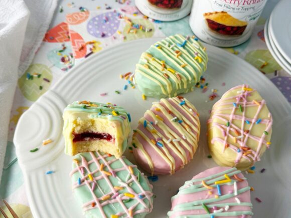 Easter Egg Petit Fours with Strawberry Rhubarb dessert on plate